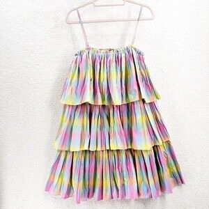 Anthropologie Beatrice B Rainbow Tiered Dress Pleated Square Neck Size M NWT